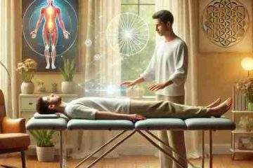Terapia LNT®: Sesión de tratamiento energético con terapeuta de pie y paciente en camilla para reducir el estrés y la ansiedad